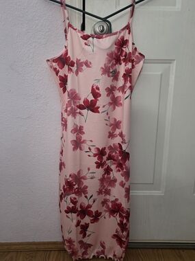 New Small Pink Floral Midi Slip Dress with Red Blossom Print